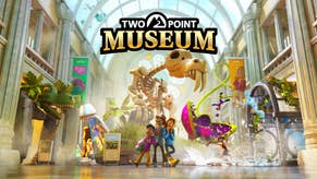 Two Point Museum artwork showing a trio of visitors quaking underneath a giant dinosaur skeleton.