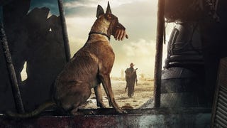Amazon Fallout promo showing The Ghoul walking off into the distance as his canine companion sits with a human hand it their mouth