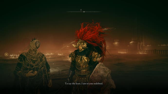 A warrior speaks with Hornsent after the defeat of Messmer in Elden Ring Shadow of the Erdtree.