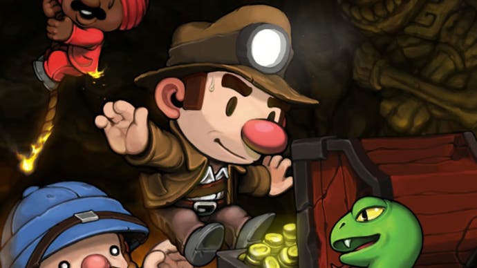 Spelunky artwork showing protagonist Guy Spelunky opening a chest filled with gold in a gloomy cavern while a snake and other characters surround him.